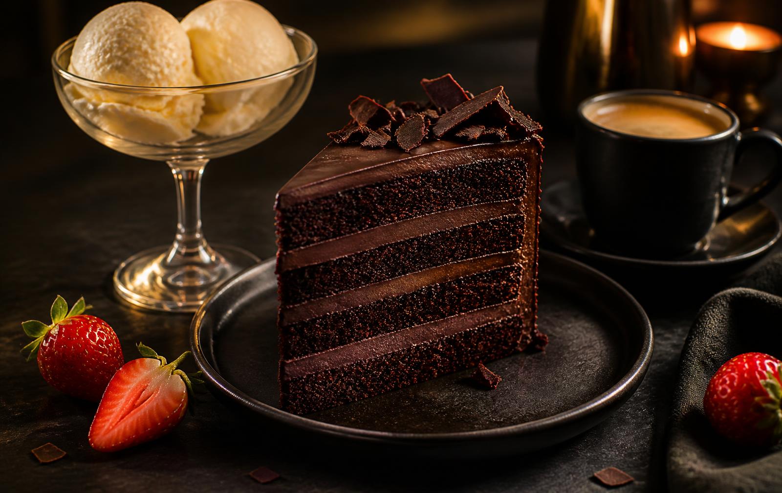Torta de chocolate, helado y café espresso servidos en Bendito Dulce